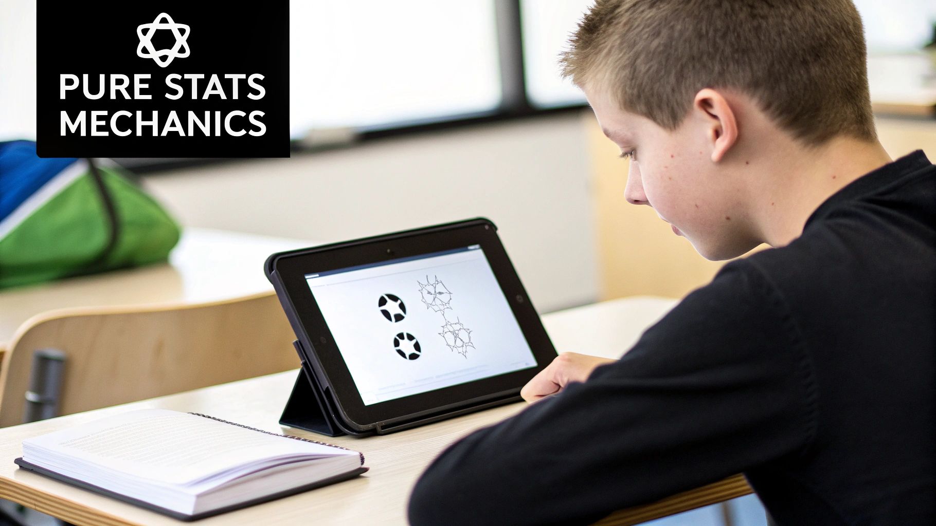 Young student focused on a tablet displaying geometric or mathematical diagrams, next to an open notebook.