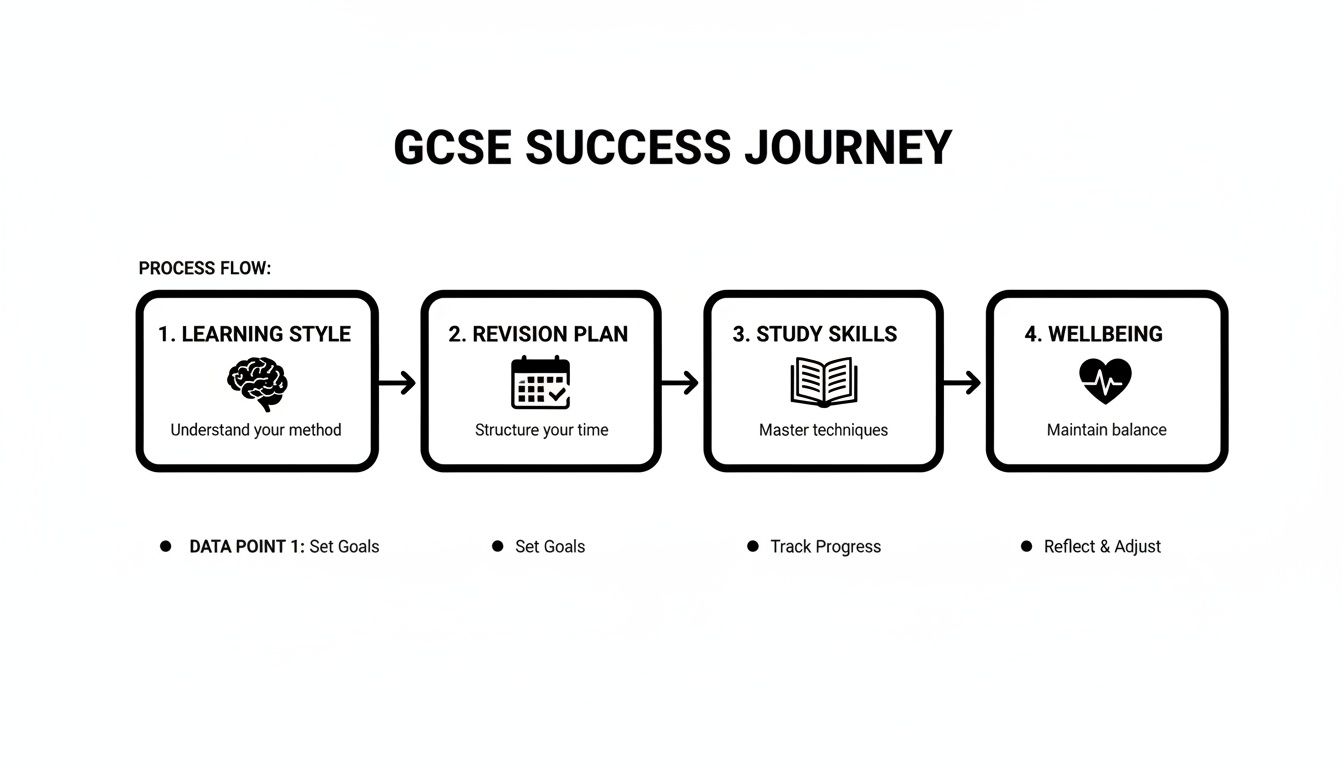 Flowchart illustrating the GCSE success journey with steps for learning style, revision, study skills, and wellbeing.