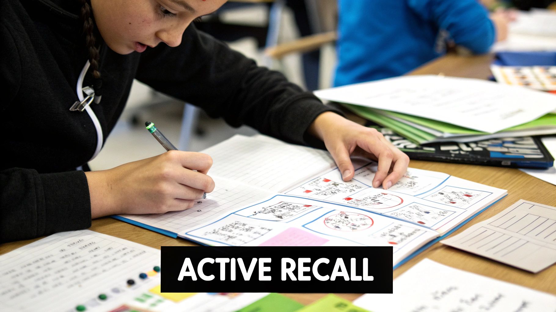 A focused student writes in an open notebook with a pen on a wooden desk, surrounded by papers.