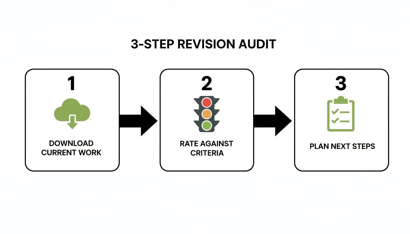 A 3-step revision audit process diagram showing downloading work, rating criteria, and planning next steps.