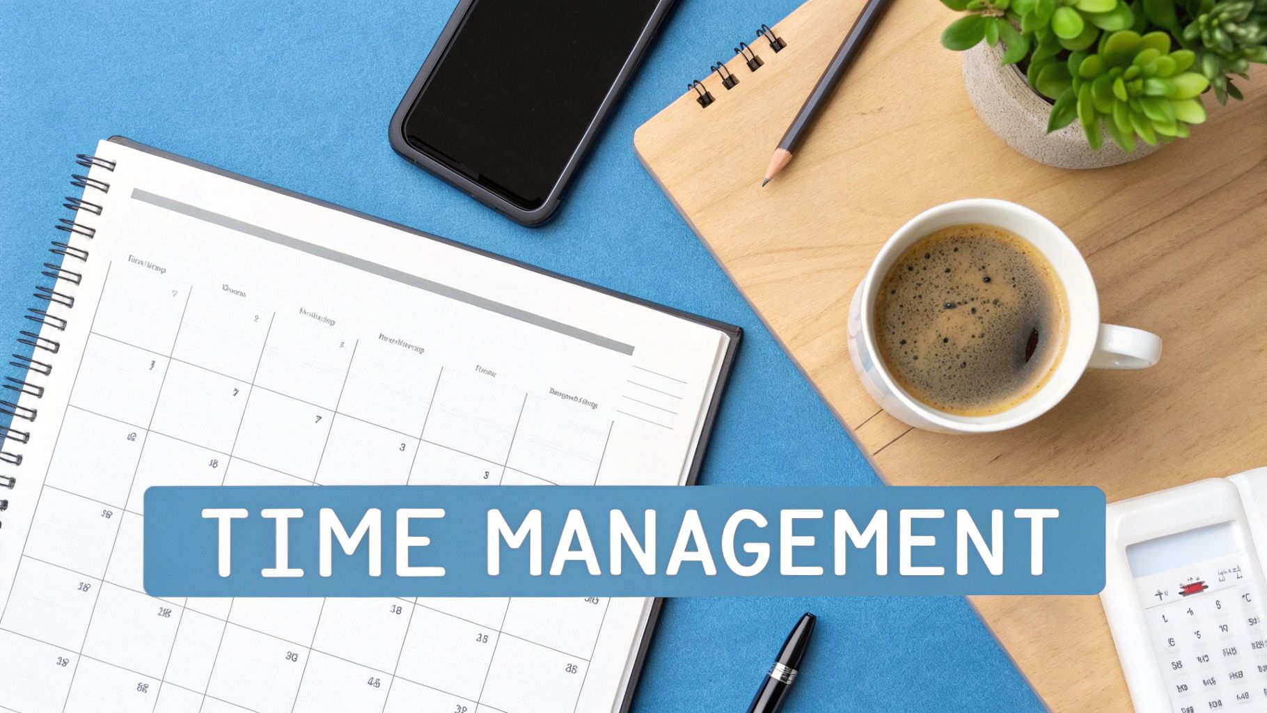 A flat lay desk with a calendar, coffee, smartphone, and 'TIME MANAGEMENT' text.