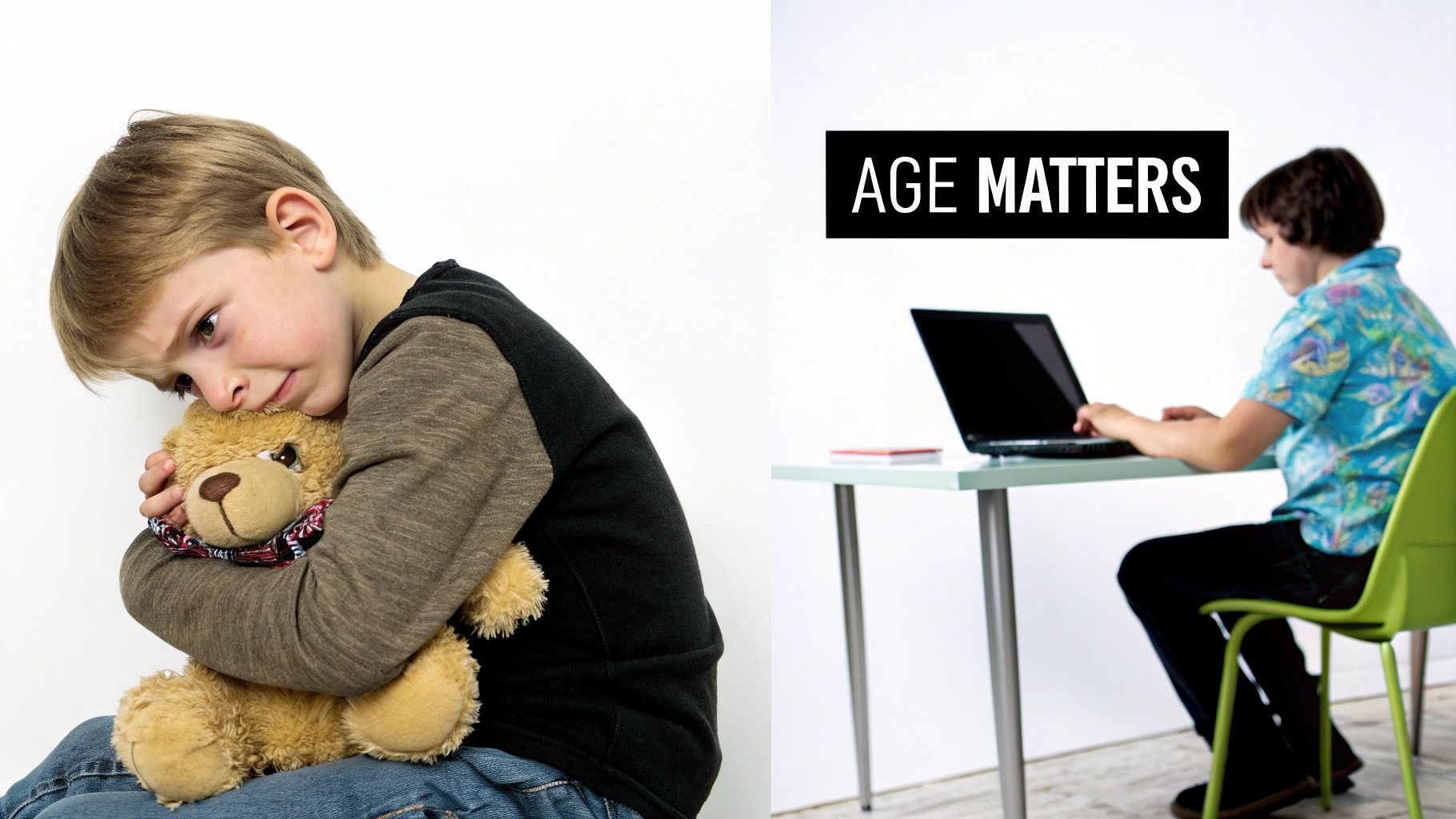 A young boy sadly hugs a teddy bear, contrasting with an older child typing on a laptop, with 'AGE MATTERS' text.