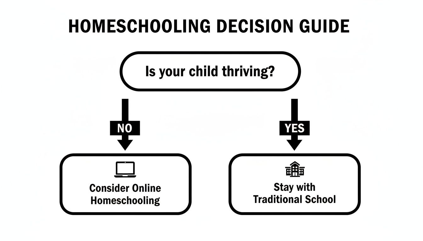 A homeschooling decision guide flowchart asking 'Is your child thriving?' leading to online homeschooling or traditional school.