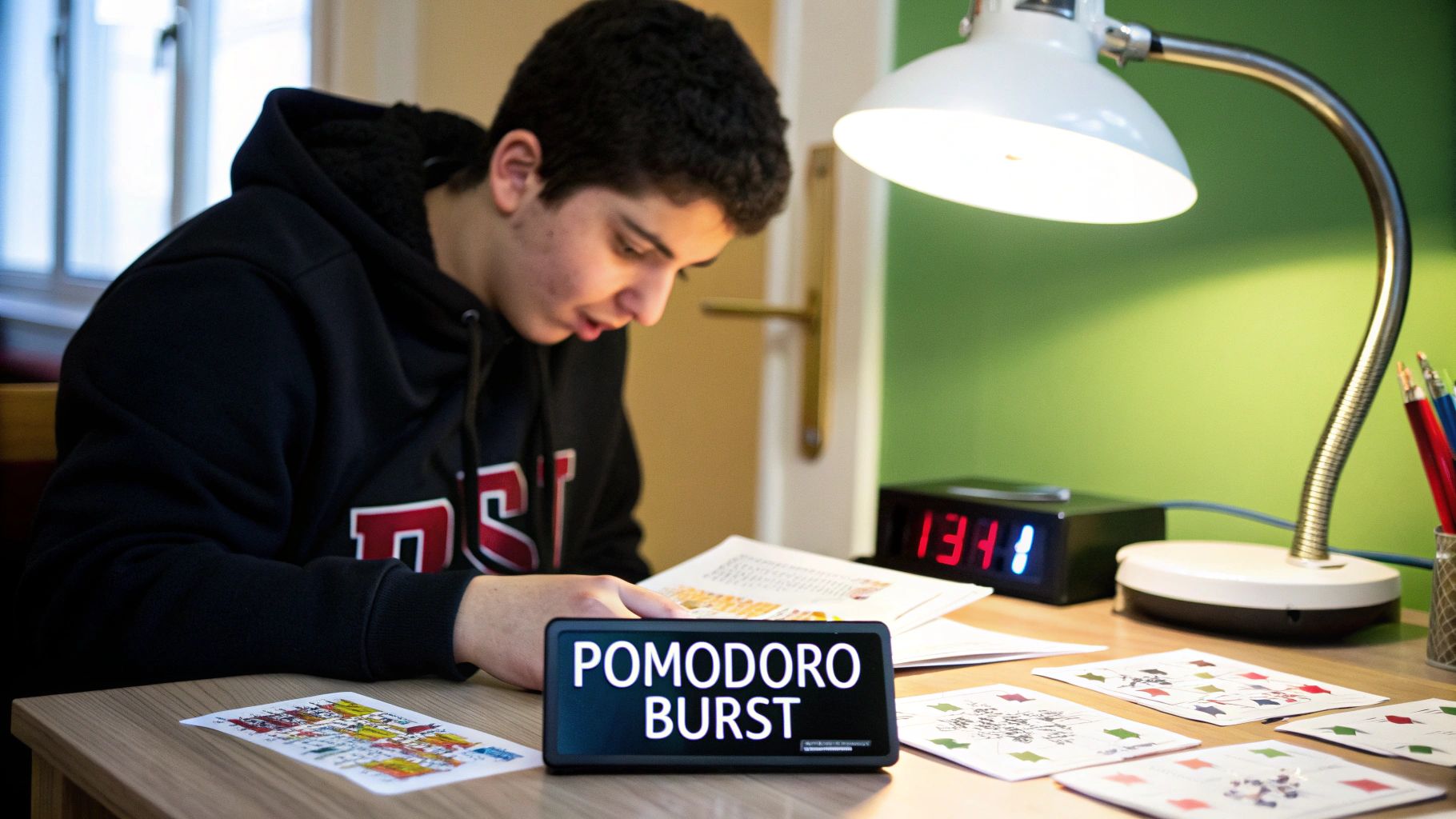 A student using flashcards at a well-lit desk, feeling engaged and focused.