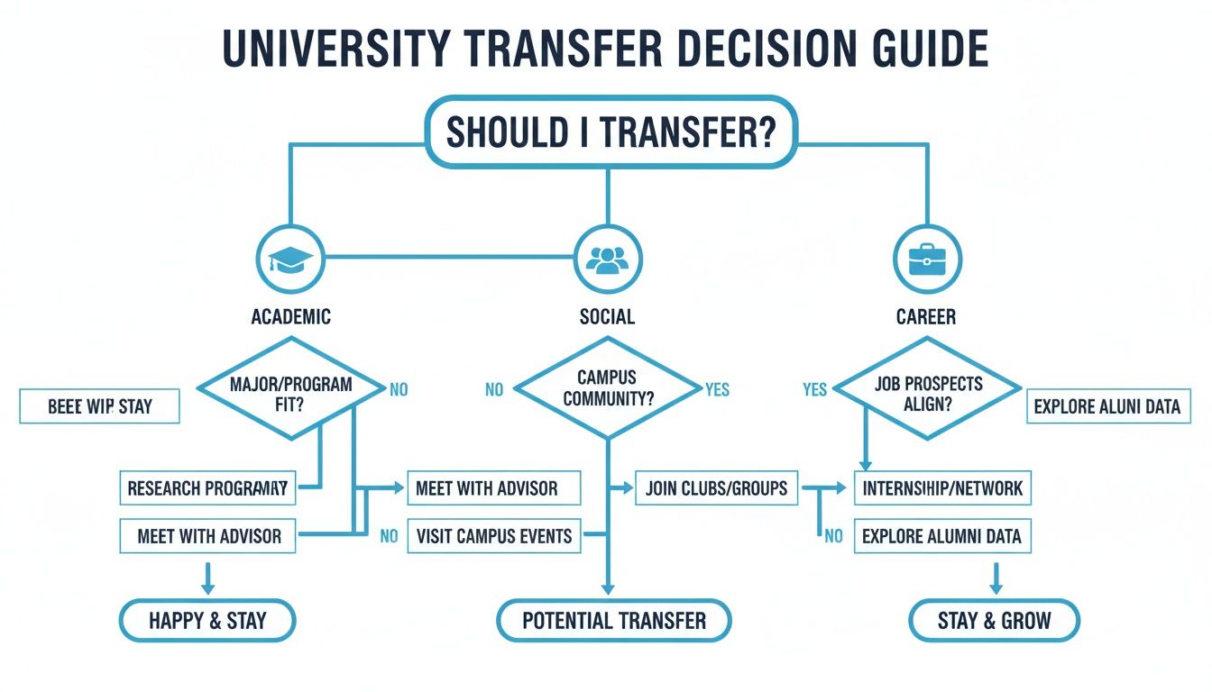 A flowchart decision guide for university transfer considerations covering academic, social, and career paths.