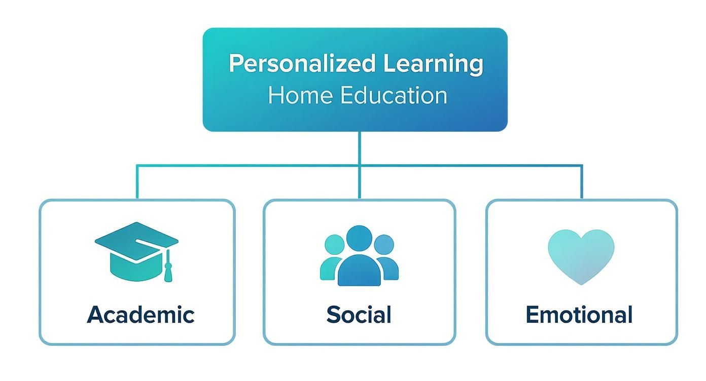Personalized learning home education diagram showing academic, social, and emotional development pillars