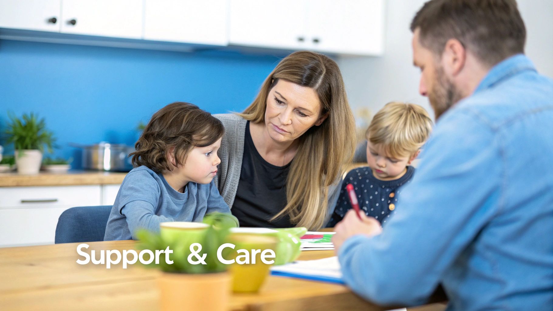 A family with two children sitting at a table, with adults providing support and care.