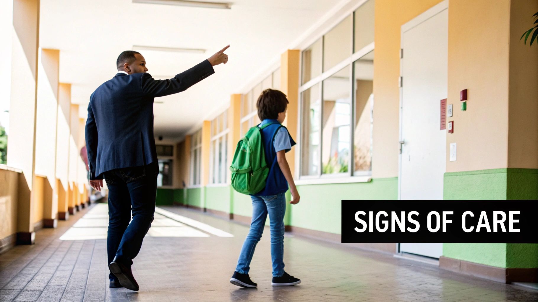 An adult points to guide a young boy with a green backpack through a school hallway.