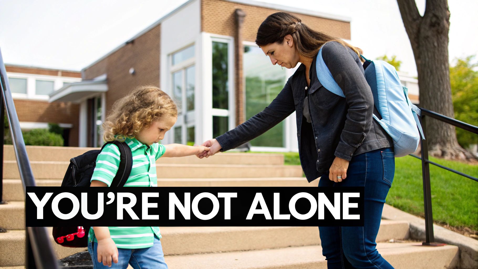 An adult holds a child's hand on school steps, offering support with 'You're Not Alone' text.