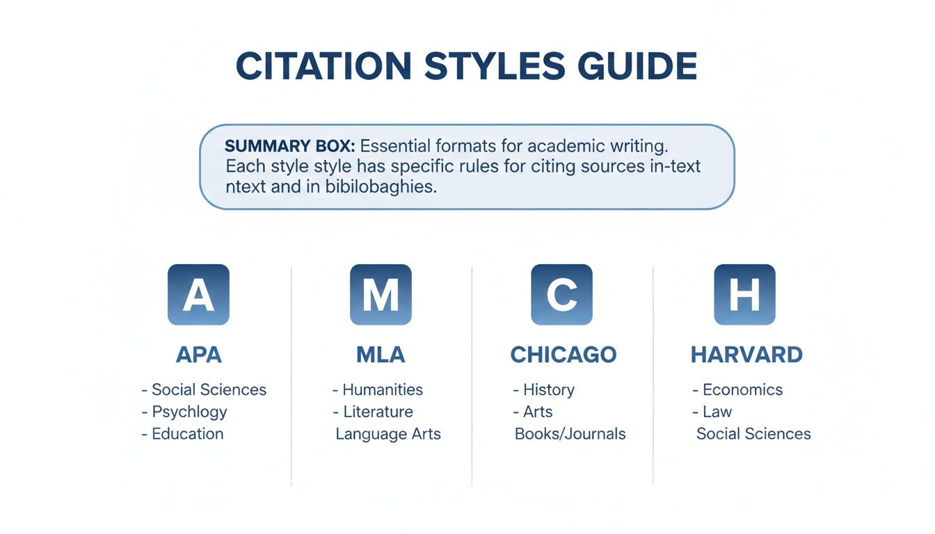 Infographic comparing four major citation styles: APA, MLA, Chicago, and Harvard, with their respective disciplines.