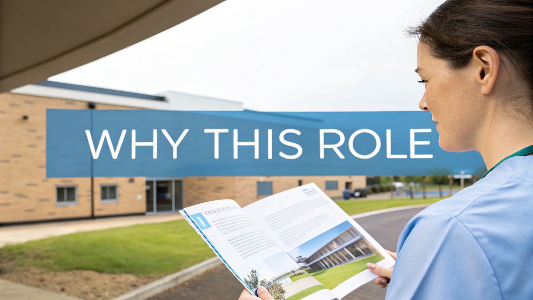 A nurse in blue scrubs reads a brochure with a text overlay 'WHY THIS ROLE' outside a building.