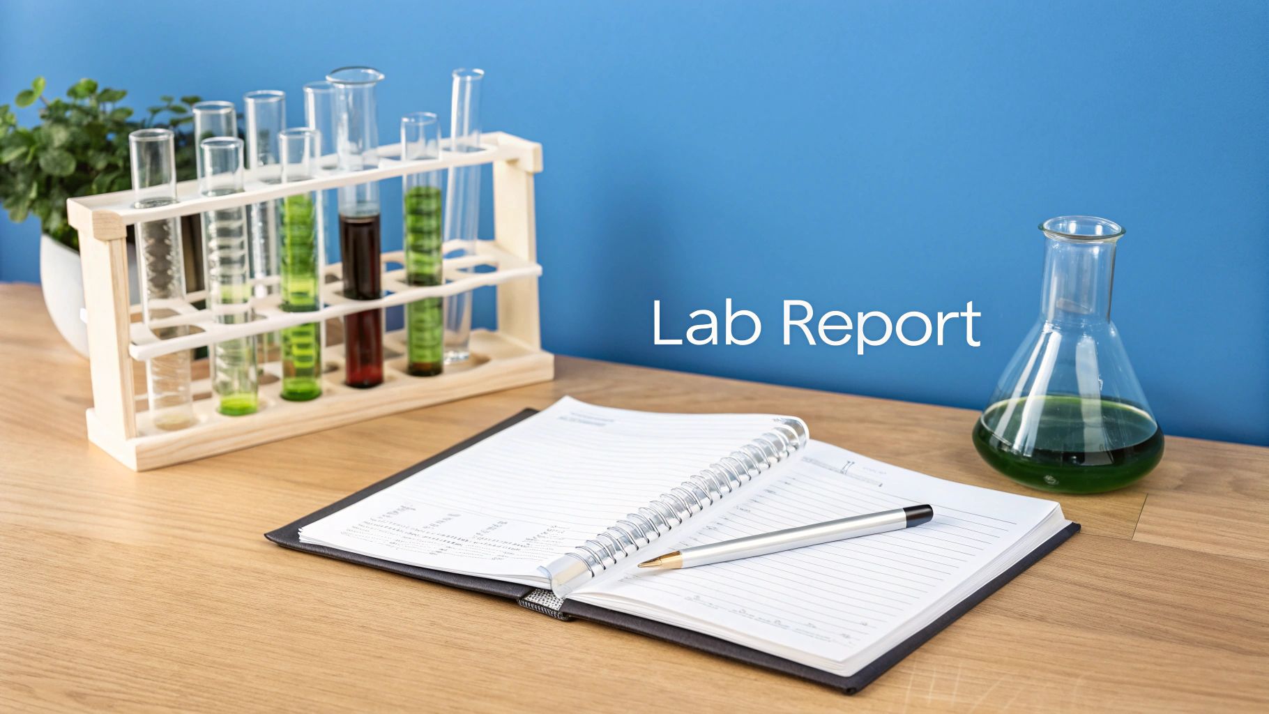 Science lab desk with test tubes, a flask, a notebook, and a pen for a lab report.