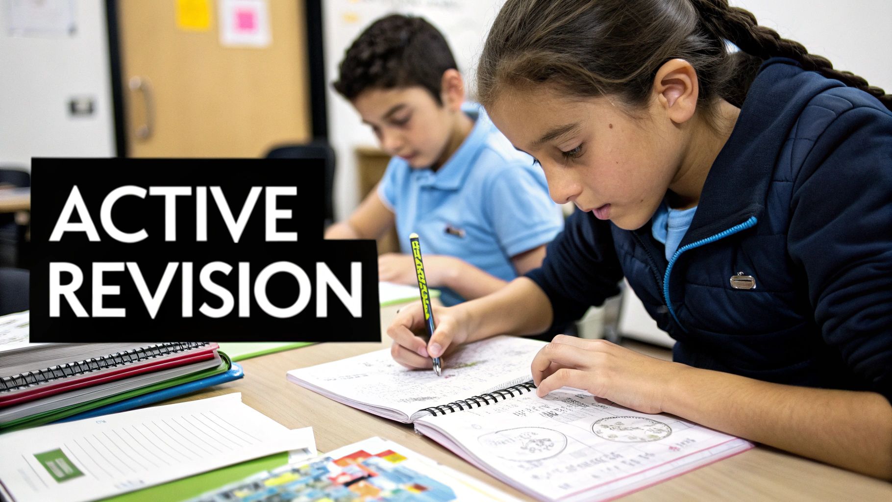 Two focused students actively revising, writing in spiral notebooks in a bright classroom setting.
