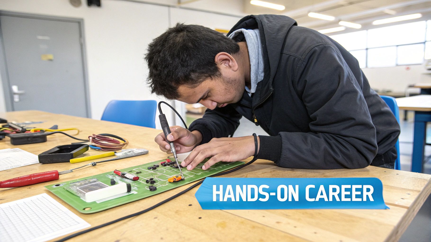 A young man intently solders components onto a green circuit board during hands-on career training.