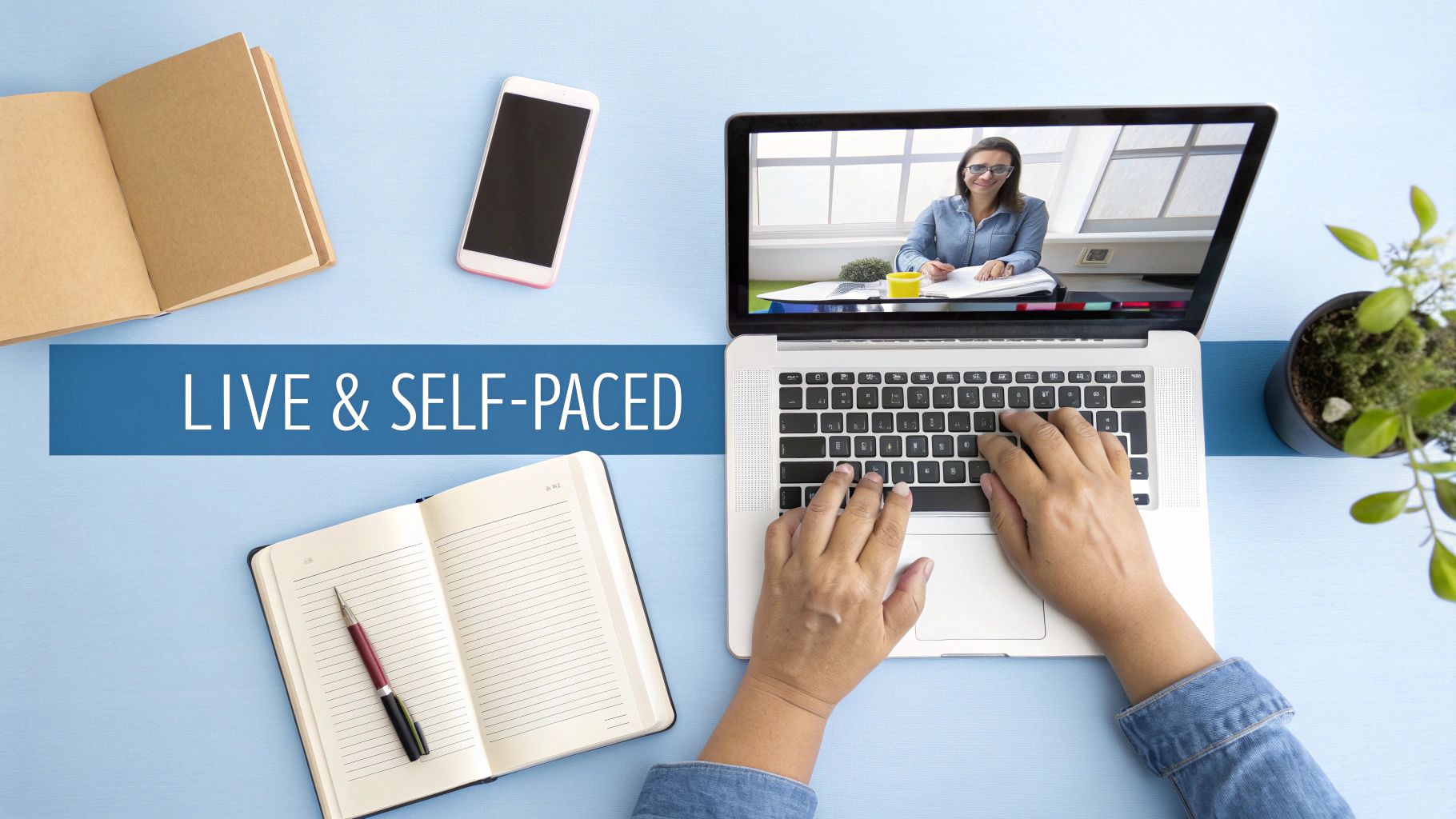 A student participating in an online lecture at their home desk.