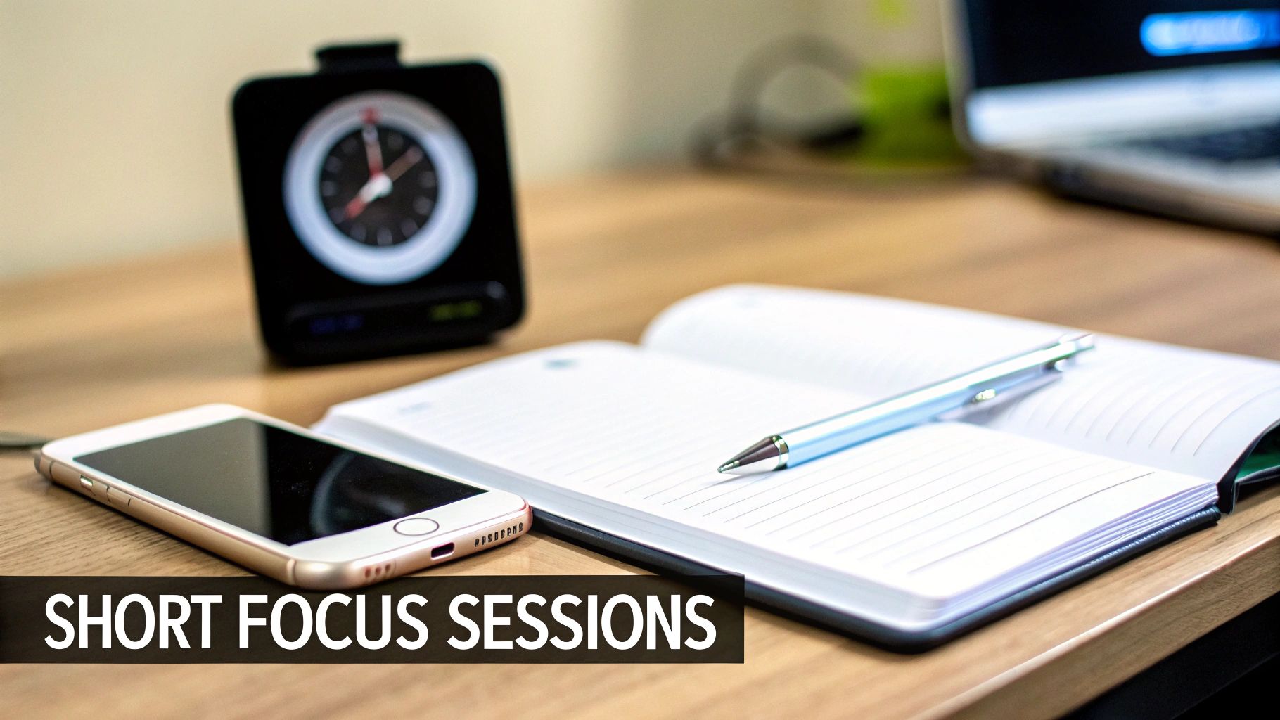 A tidy workspace setup with a smartphone, open notebook, pen, and a desk clock for focused work.