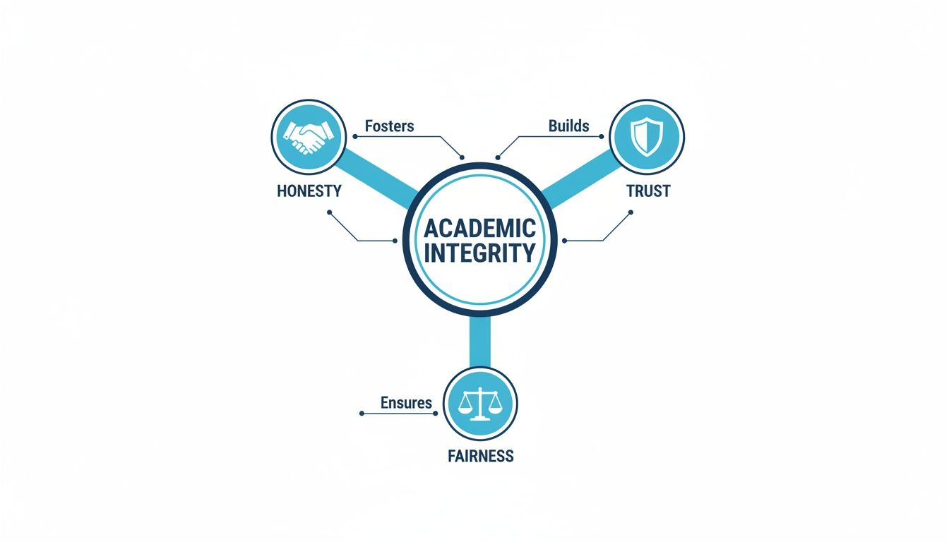 An infographic illustrating academic integrity through honesty (handshake), trust (shield), and fairness (scales) icons.