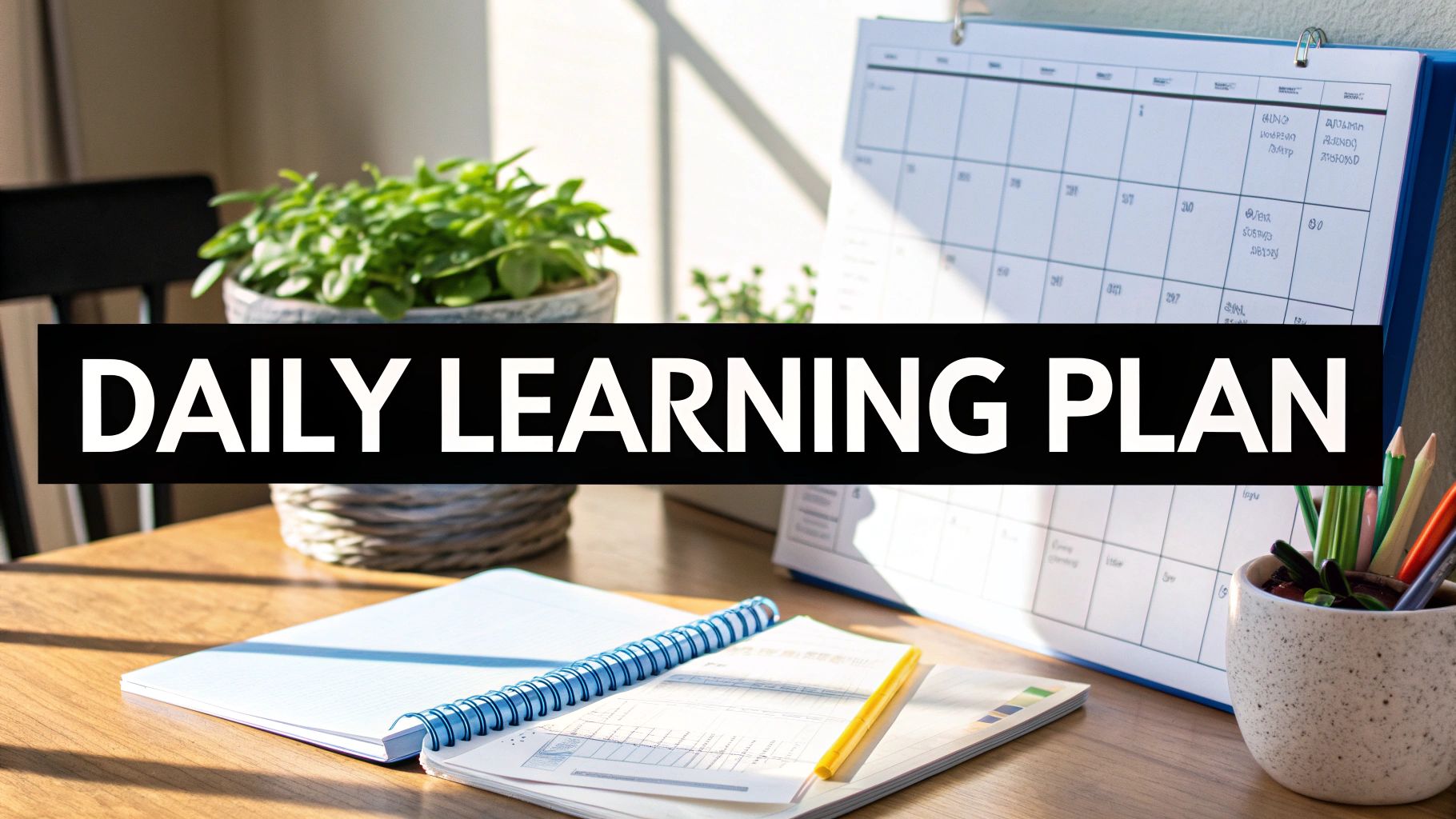 A desk scene with a calendar, notebooks, and a plant, featuring text 'DAILY LEARNING PLAN' on a black bar.