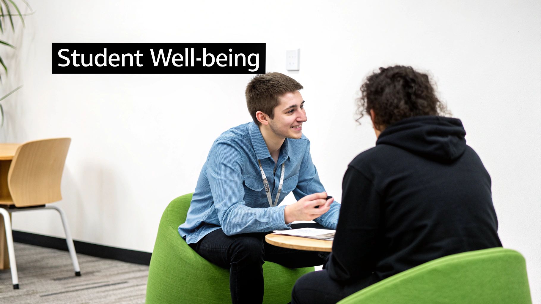 Two students engage in a supportive conversation about student well-being.