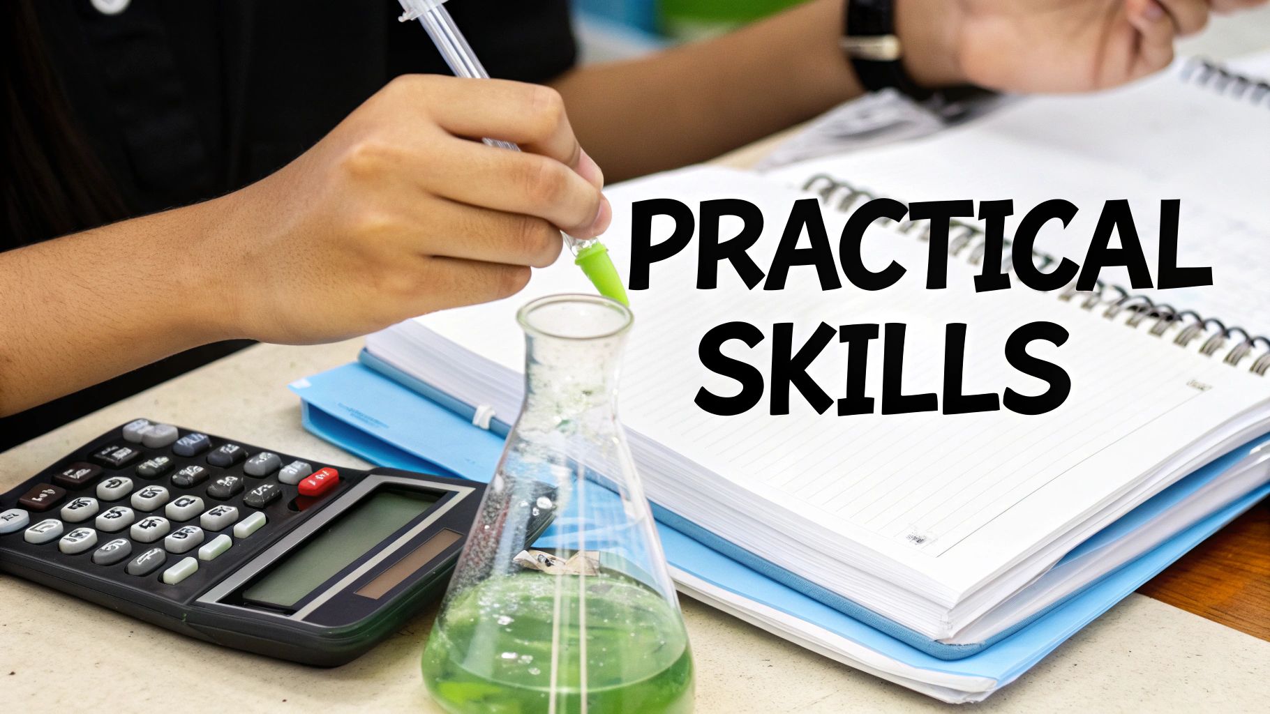 A student conducting a chemistry experiment in a lab, carefully measuring liquids in a beaker.