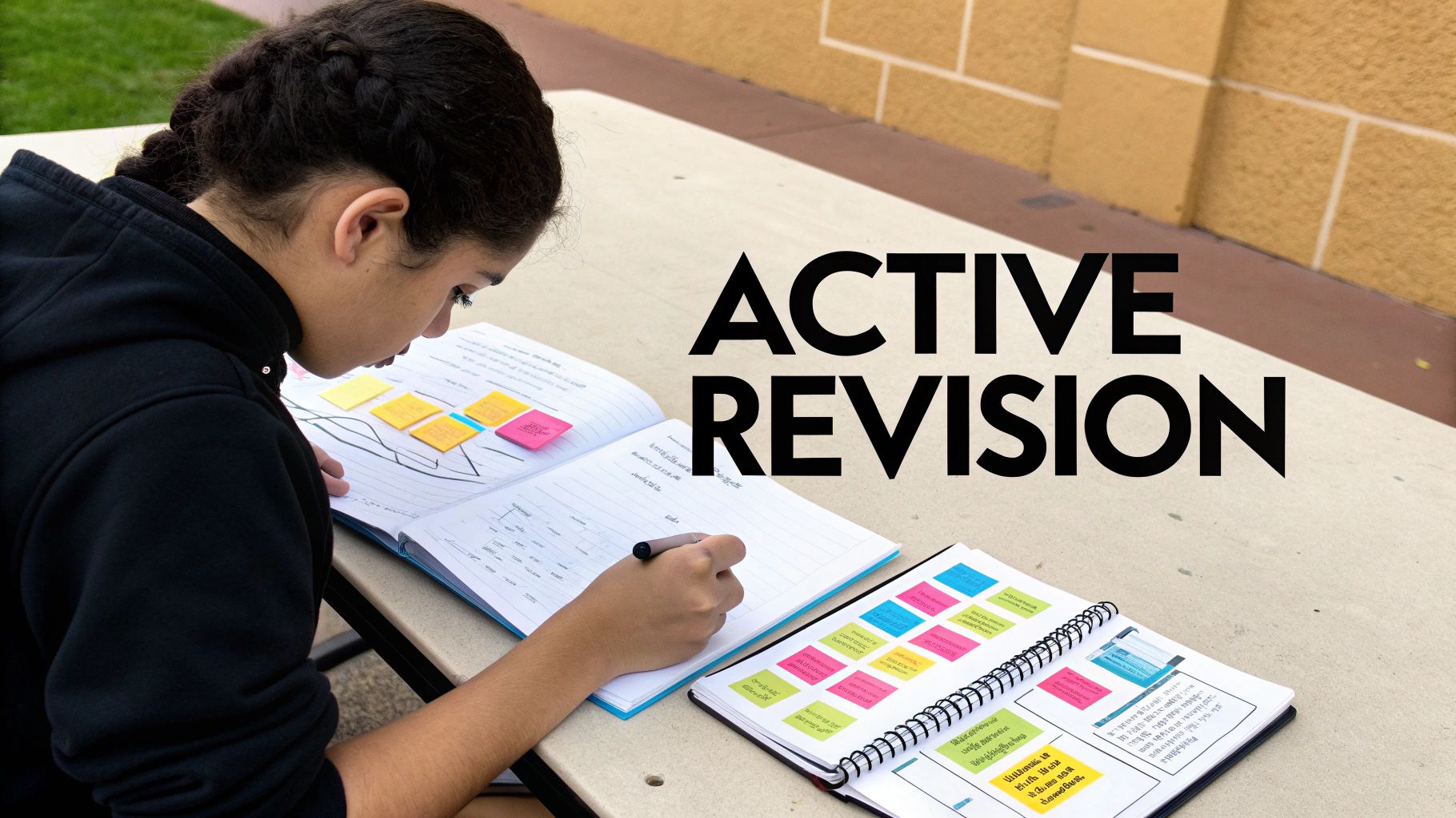 A student actively revising for chemistry using flashcards and notes at a desk