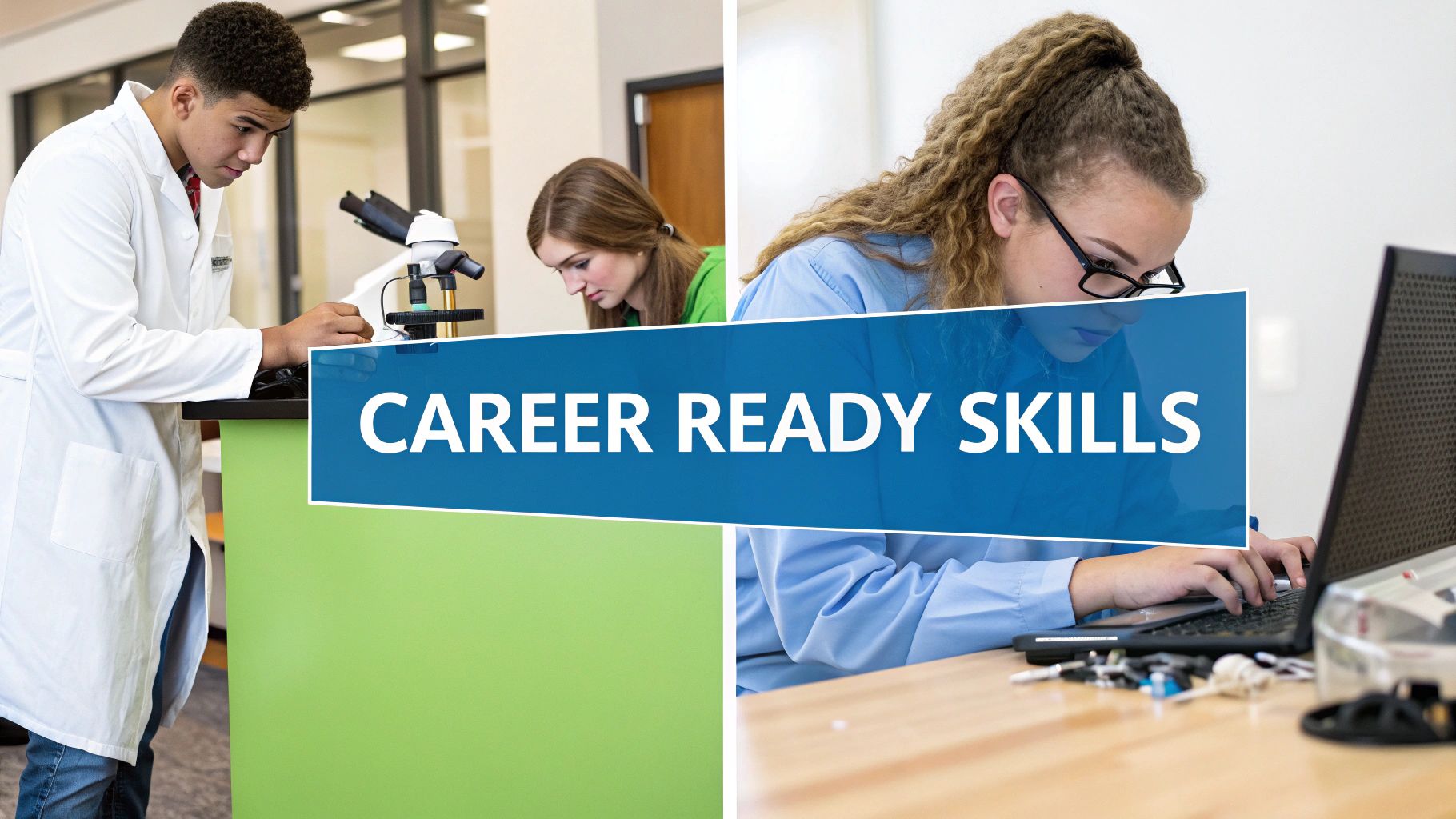 Students developing career-ready skills in a lab and with a laptop, highlighted by a 'CAREER READY SKILLS' banner.