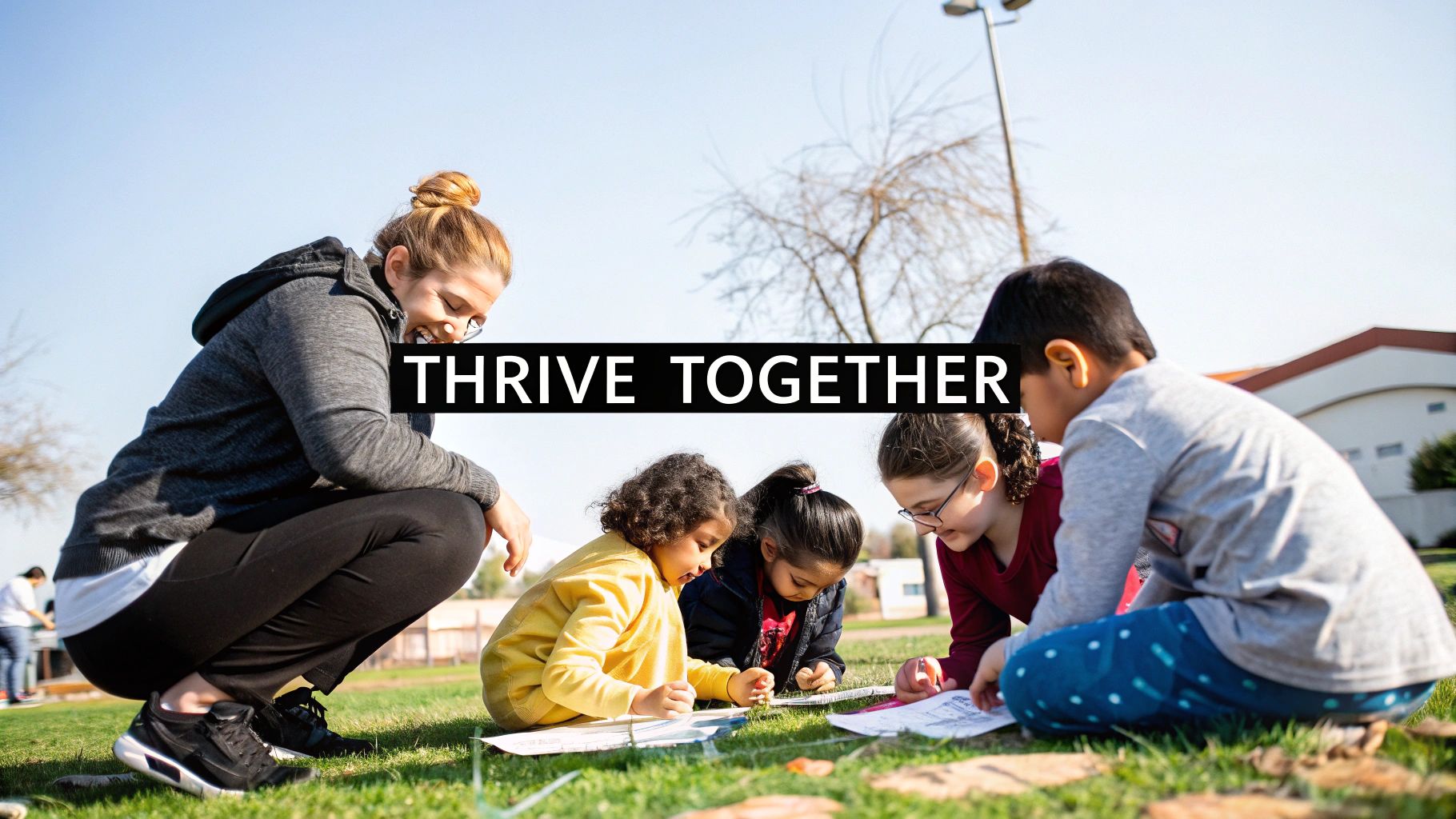 A smiling adult and diverse children are happily engaged in group learning outdoors on grass.
