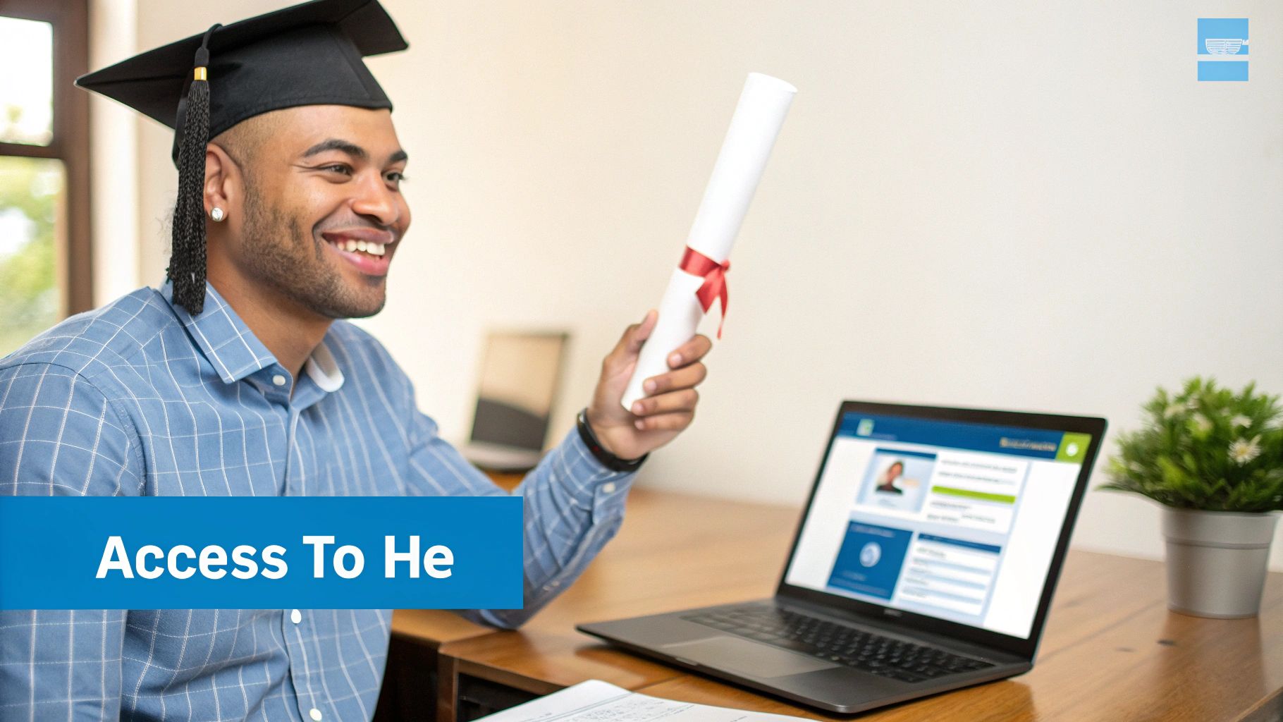 A smiling male graduate in a cap holds a diploma while looking at a laptop.