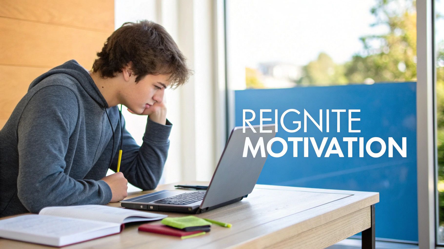A student looking thoughtful while studying at a desk with books and a laptop.