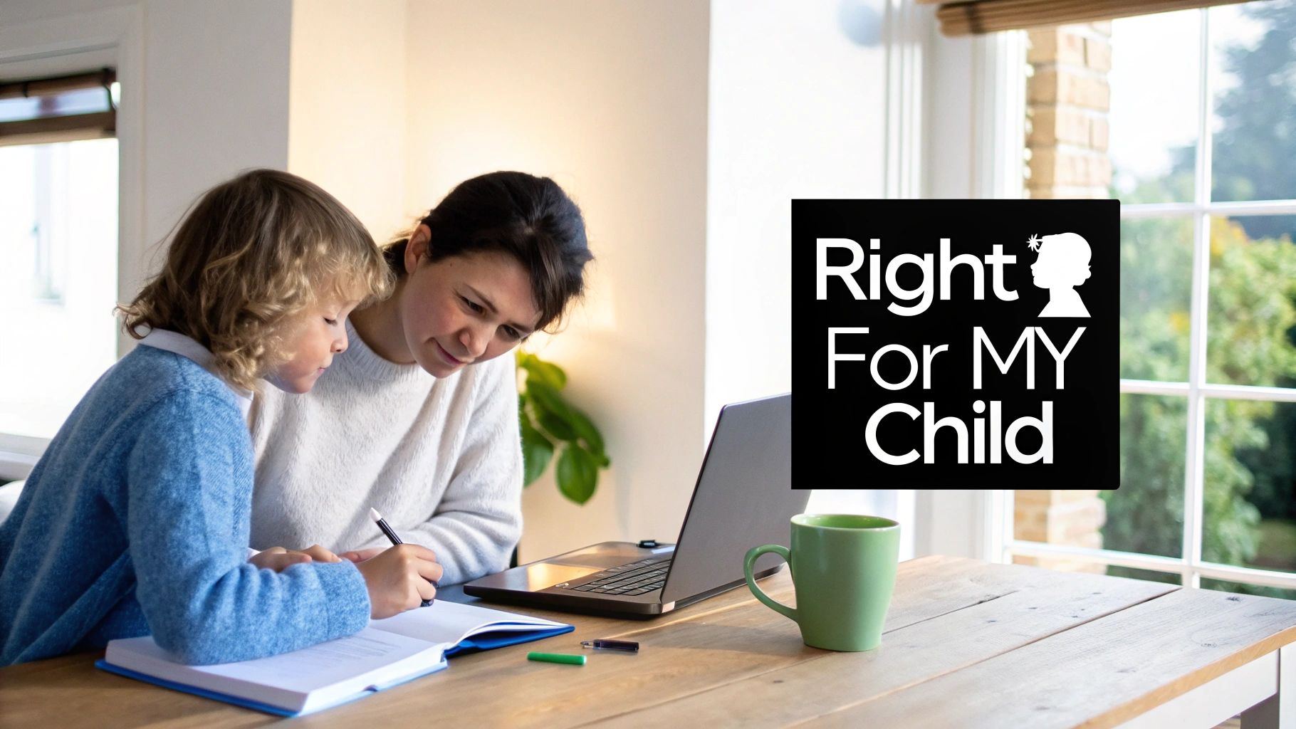 Mother and child engaged in home education, writing in a book at a wooden table.