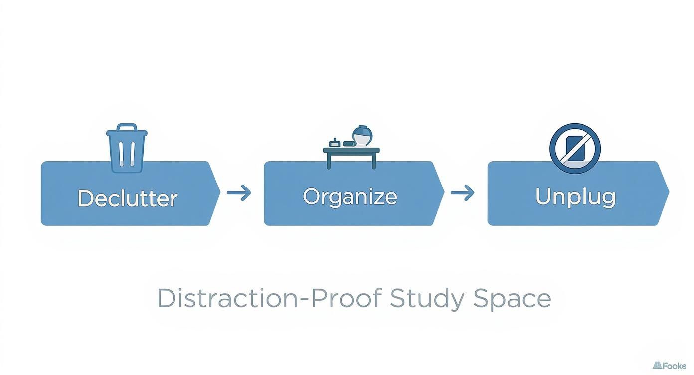 Infographic showing the process of creating a distraction-proof study space with steps to declutter, organize, and unplug.