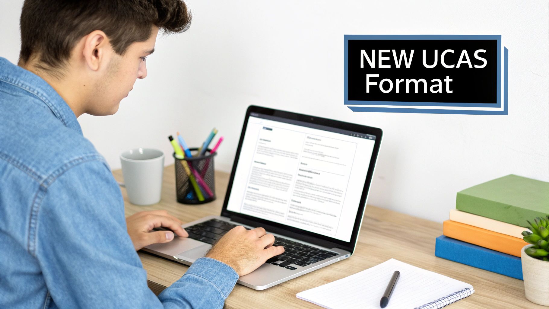 A focused student writing in a notebook, surrounded by books, embodying the thoughtful process of crafting a UCAS personal statement.