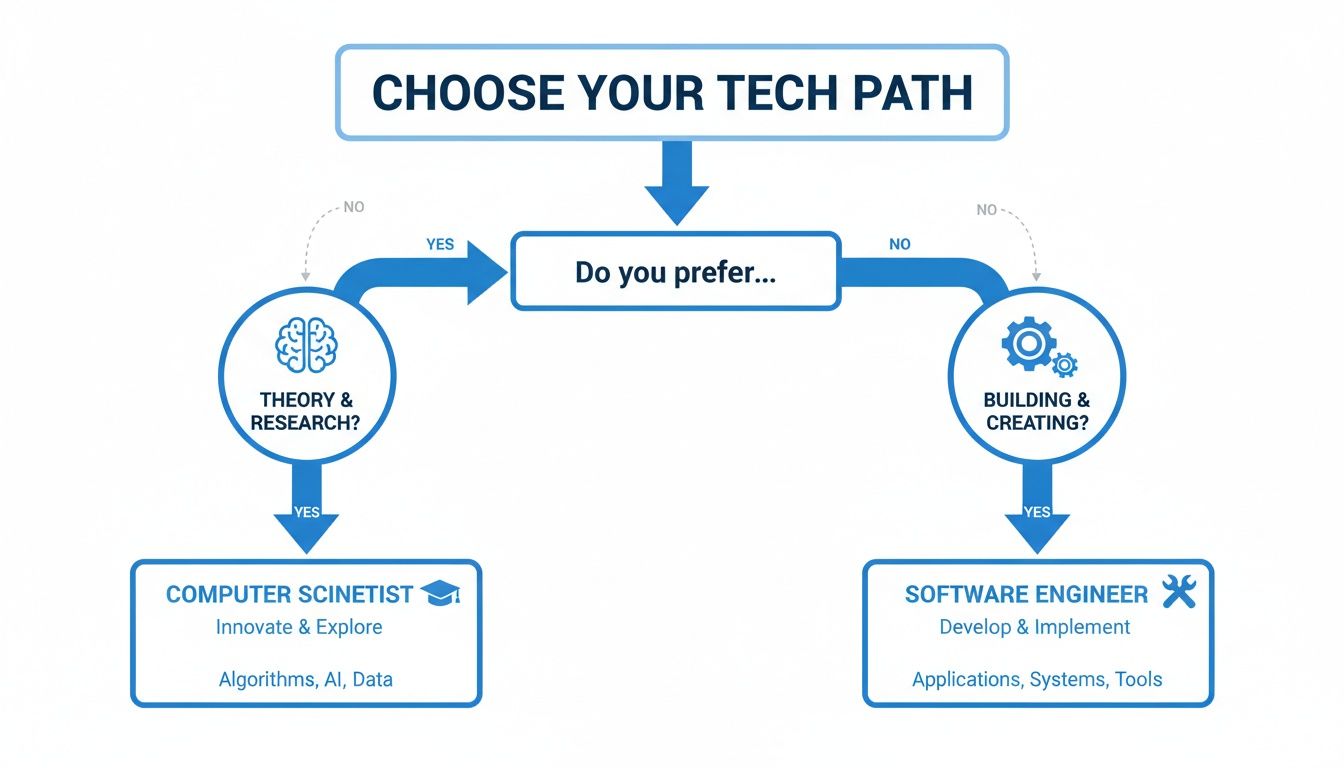 Flowchart guiding individuals to choose between Computer Scientist and Software Engineer careers based on preferences.