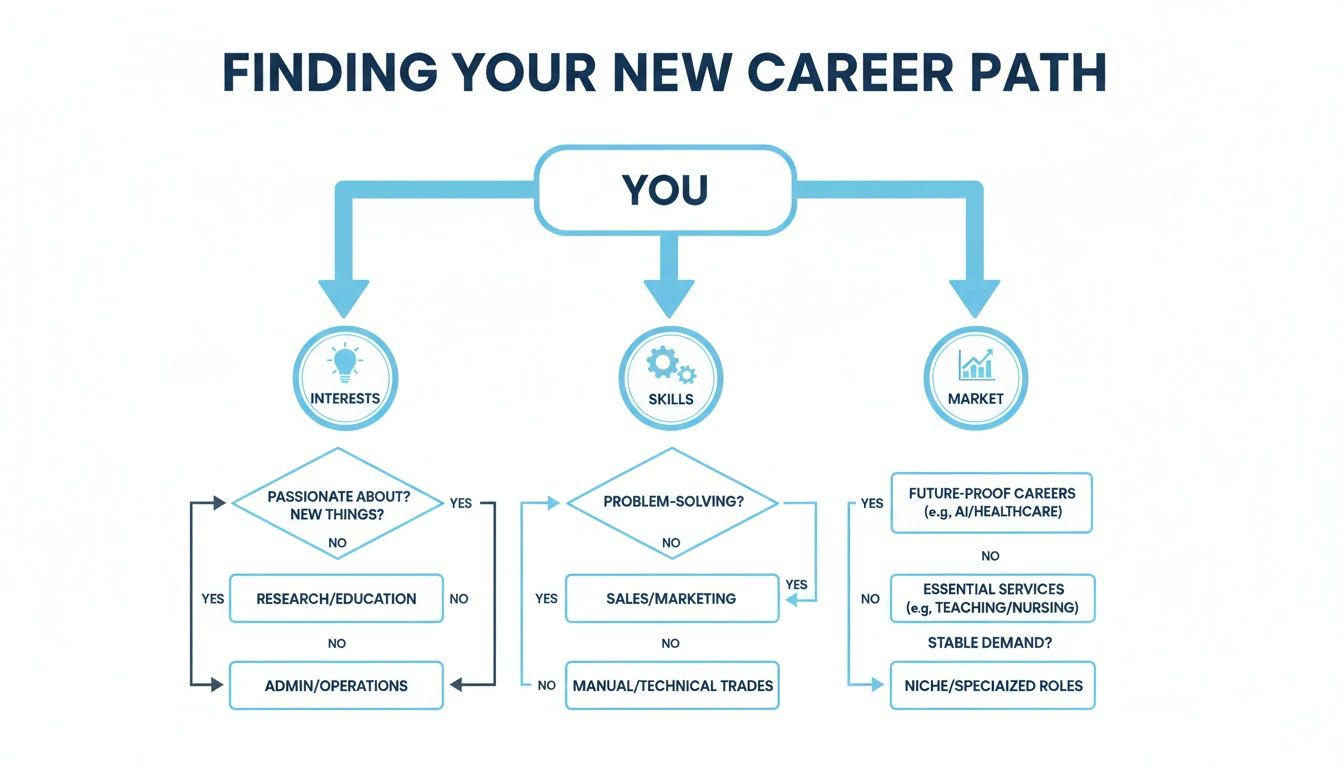 Flowchart illustrating a decision process for finding a new career path based on interests, skills, and market demand.