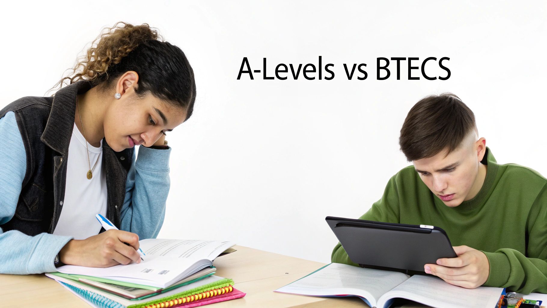 Two students studying at a desk, one writing and one using a tablet, discussing A-Levels vs BTECs.