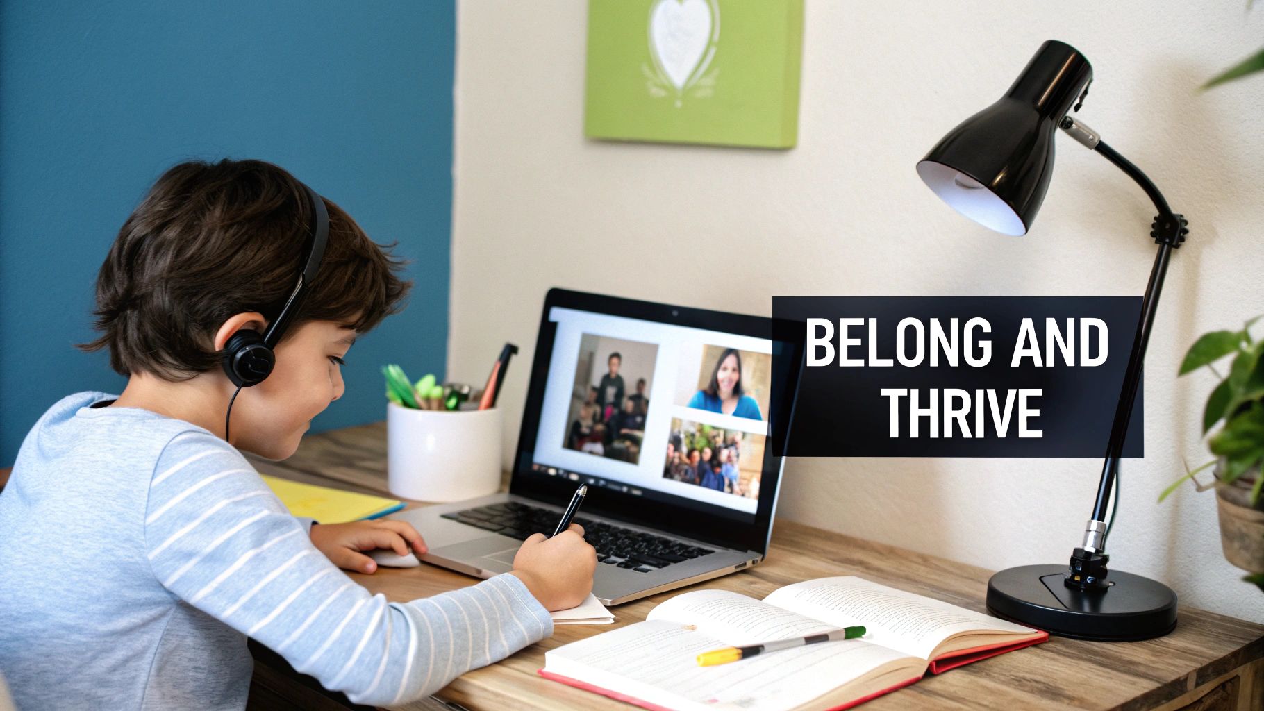 A young boy with headphones remote learning, writing in a notebook while on a video call on his laptop.