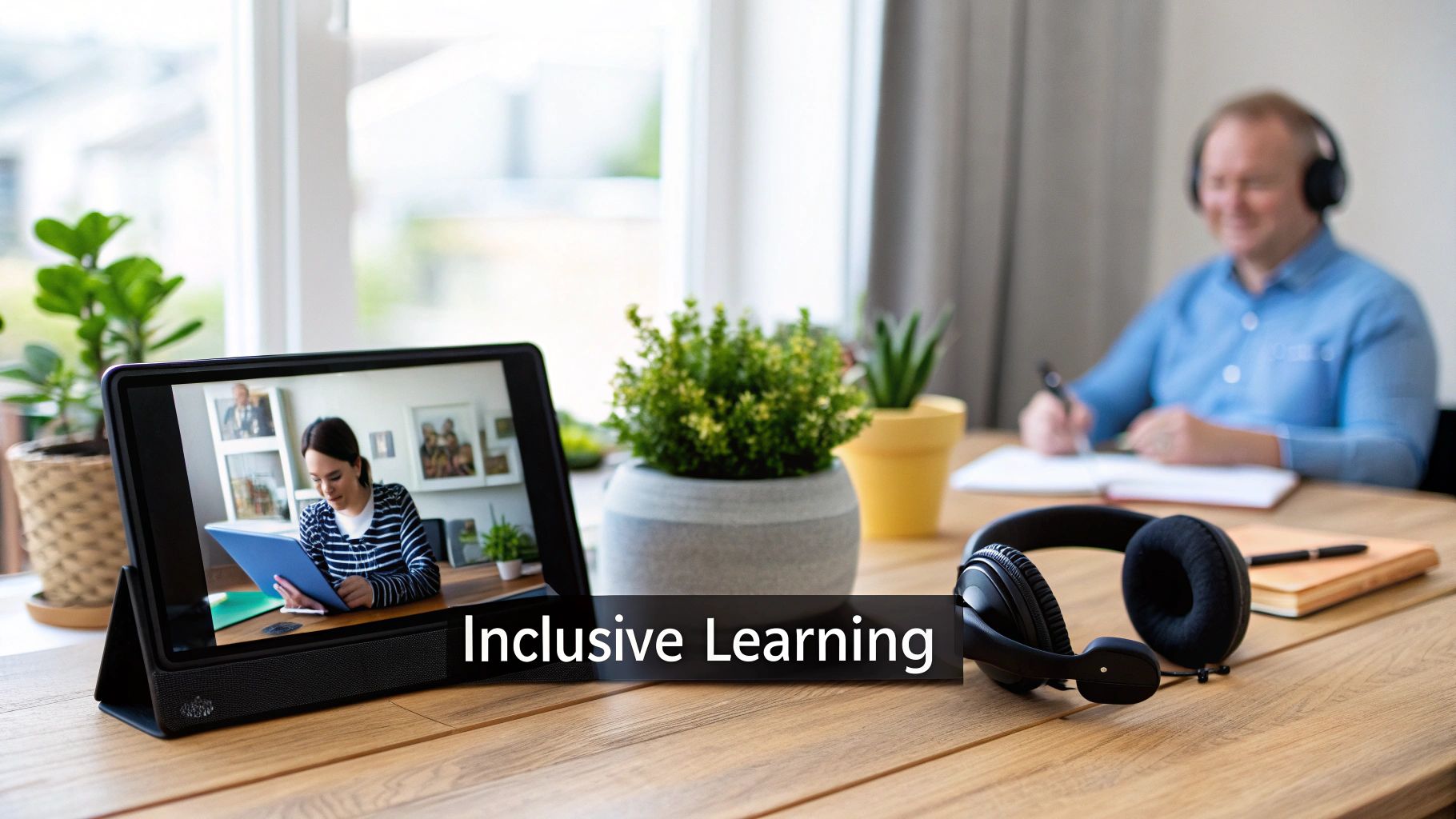 Man learning remotely with headphones and tablet displaying a woman, promoting inclusive online education.