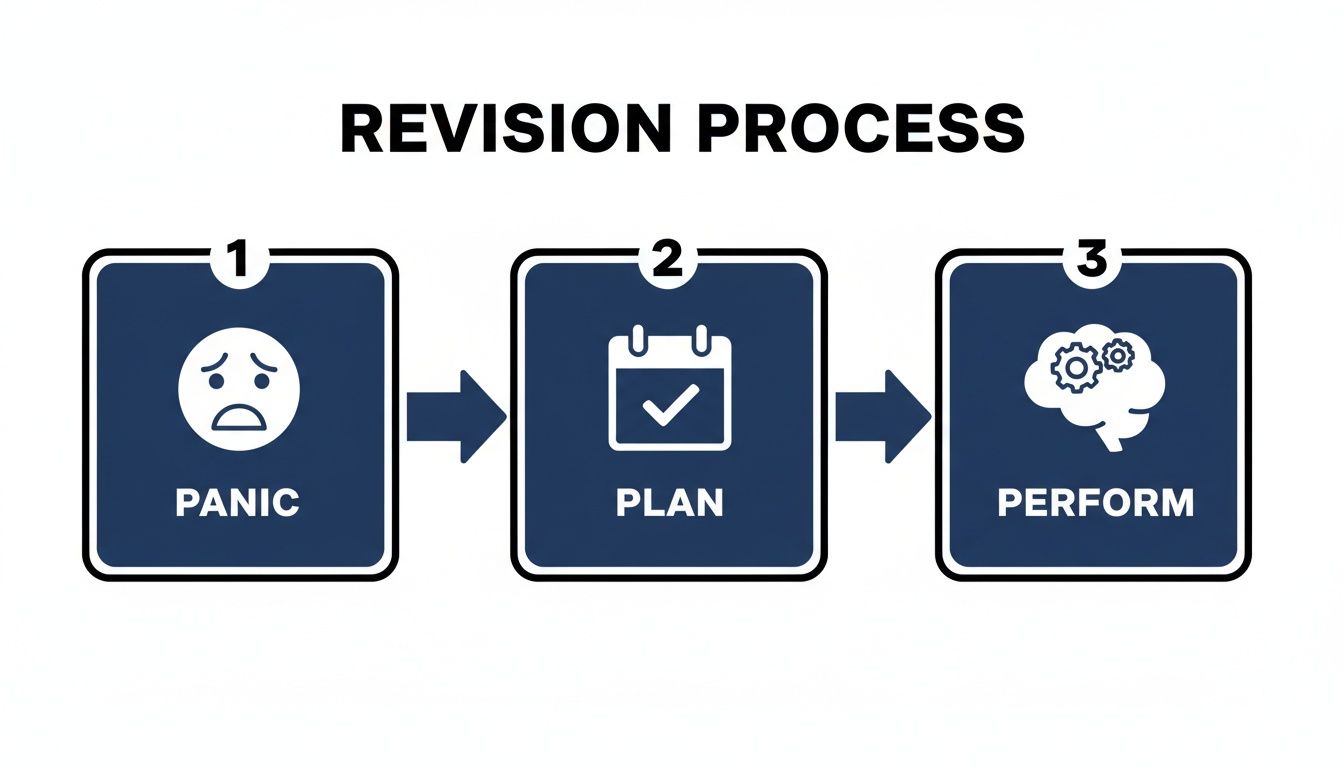 Infographic detailing a three-step revision process: Panic, Plan, and Perform, with illustrative icons.