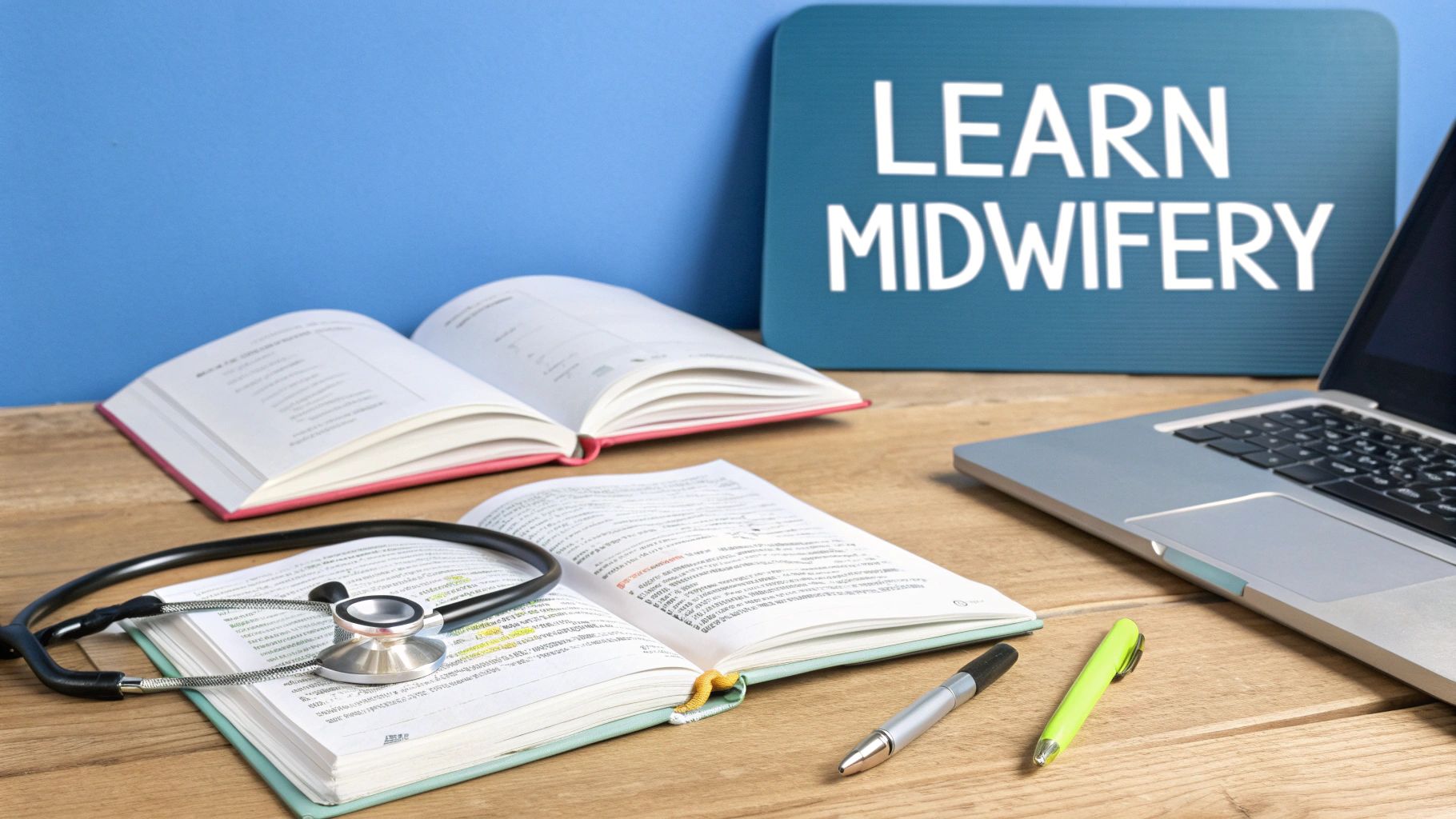 A female student in a library, smiling and looking at a book, surrounded by shelves.