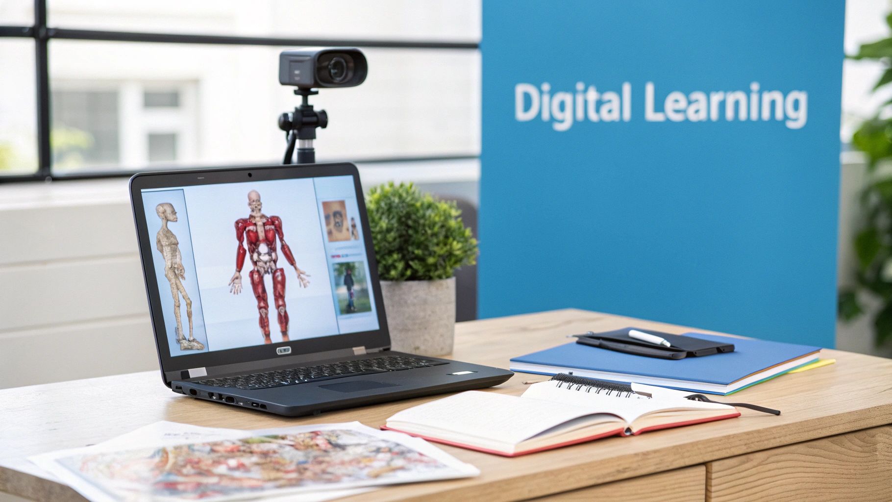 A student studying physiotherapy concepts on a tablet, with anatomical diagrams in the background.