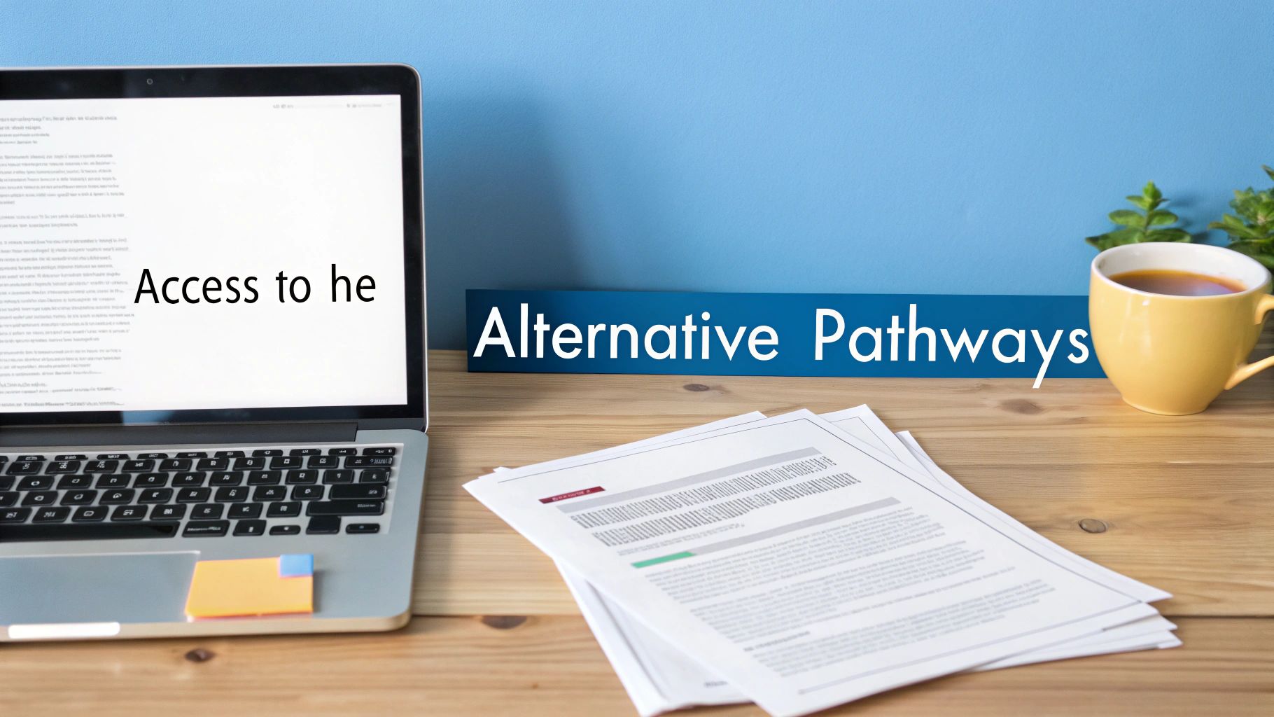 A laptop displaying 'Access to he', a sign with 'Alternative Pathways', papers, and a coffee mug on a wooden desk.