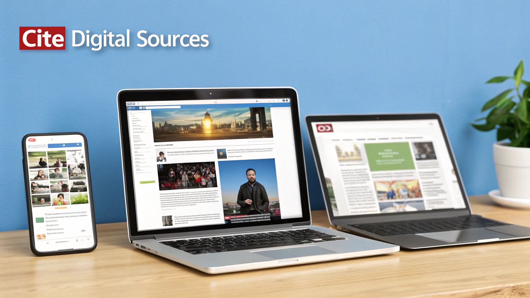 Various digital devices, a smartphone and two laptops, display web pages on a wooden desk with a 'Cite Digital Sources' banner.