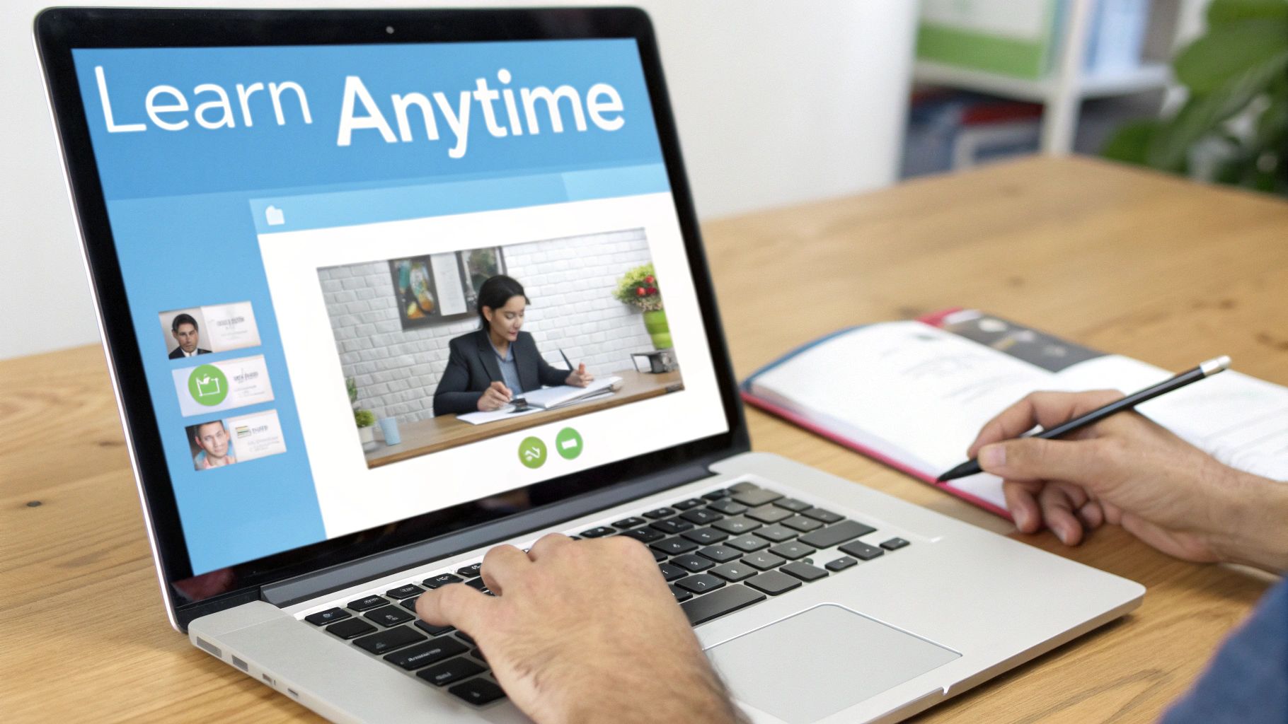 Person studying online with a laptop displaying a 'Learn Anytime' virtual classroom and taking notes.