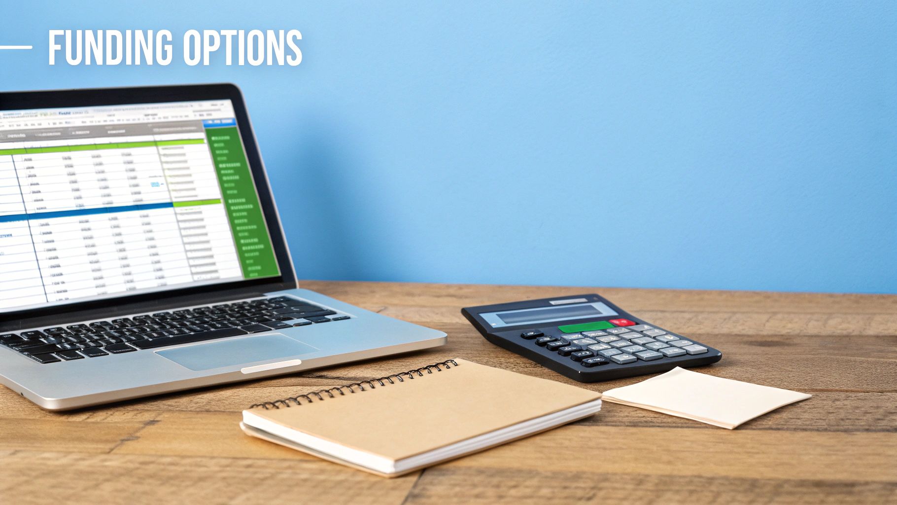 A laptop displaying a spreadsheet, a calculator, and a notebook on a wooden desk with "FUNDING OPTIONS" text.