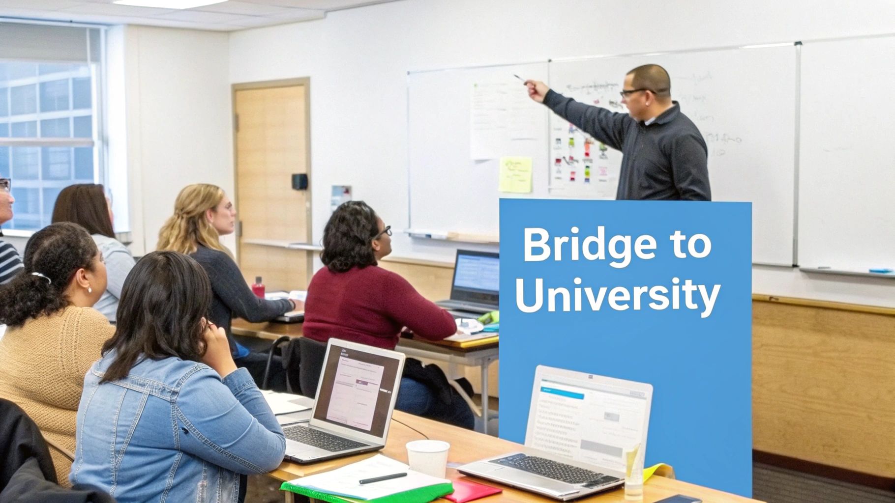 A mature student smiling while studying on a laptop at home.