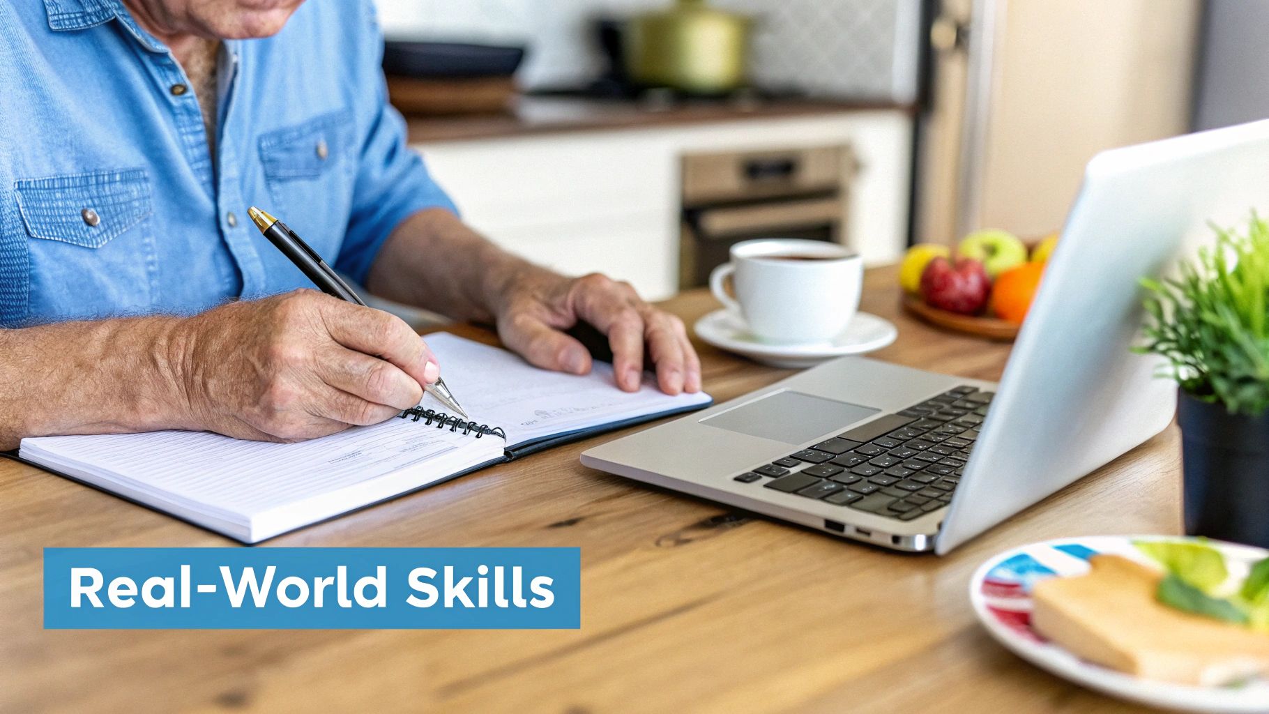 A person sitting at a desk and studying using a laptop and notebook, representing the practical learning involved in Functional Skills.