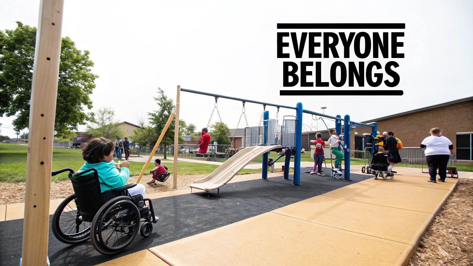 Diverse children, including one in a wheelchair, enjoying an inclusive playground under 'EVERYONE BELONGS'.