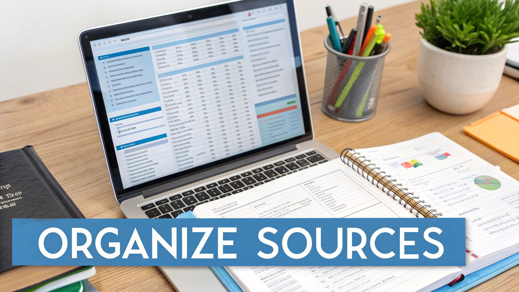 A organized desk with a laptop, open notebook, pens, and a plant, promoting source organization.