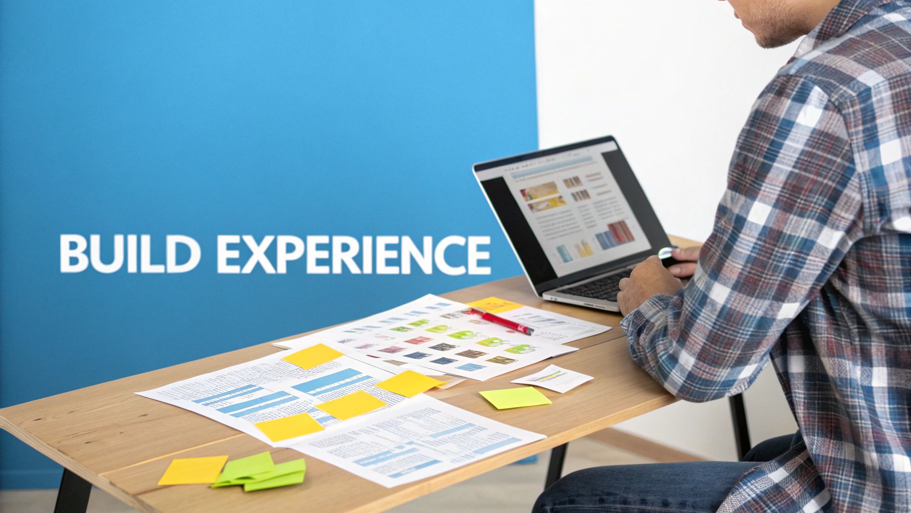 A person works on a laptop and documents at a desk, with a 'BUILD EXPERIENCE' sign in the background.