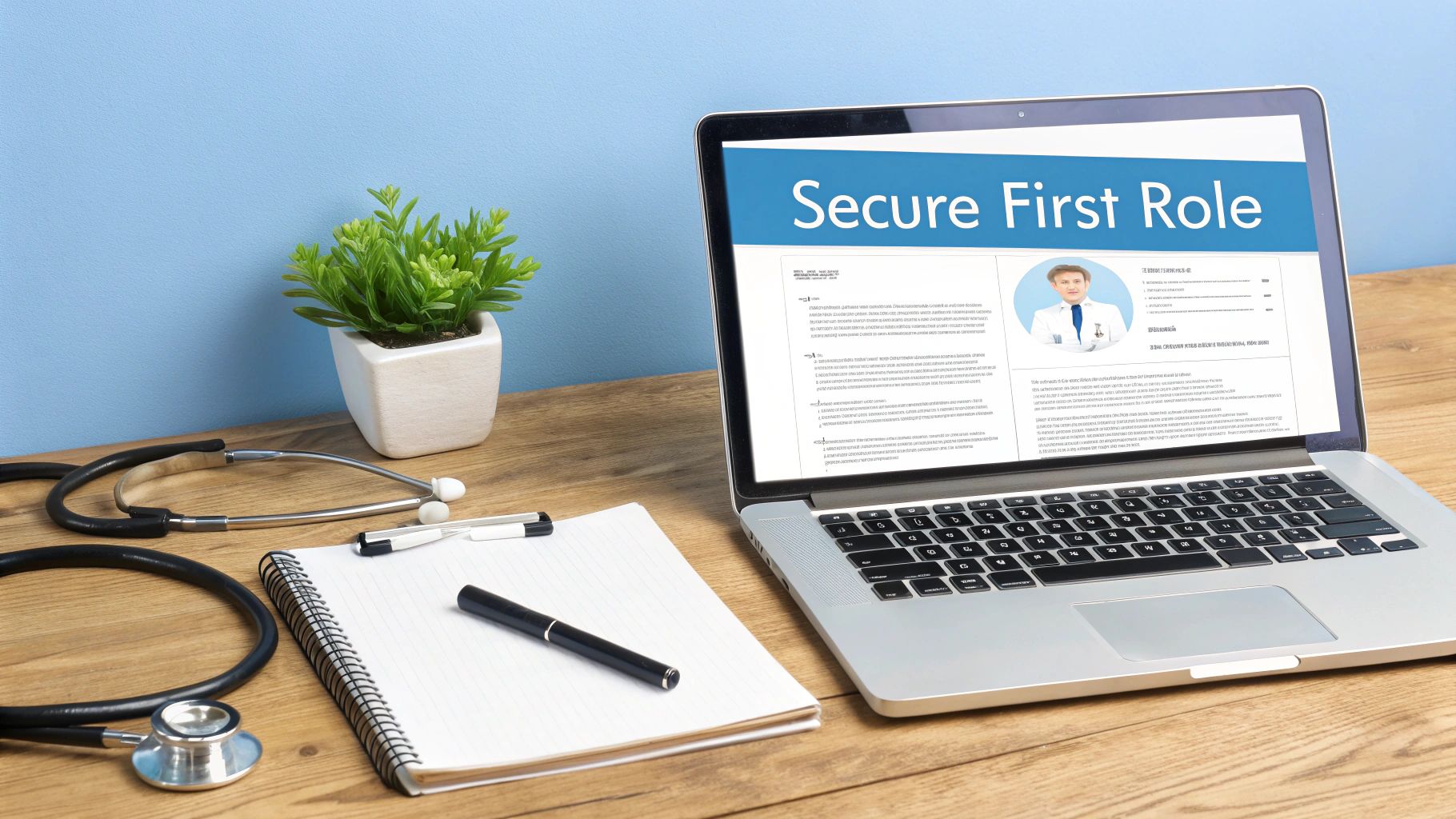A laptop displaying a medical professional's resume to secure a first role, alongside a stethoscope.